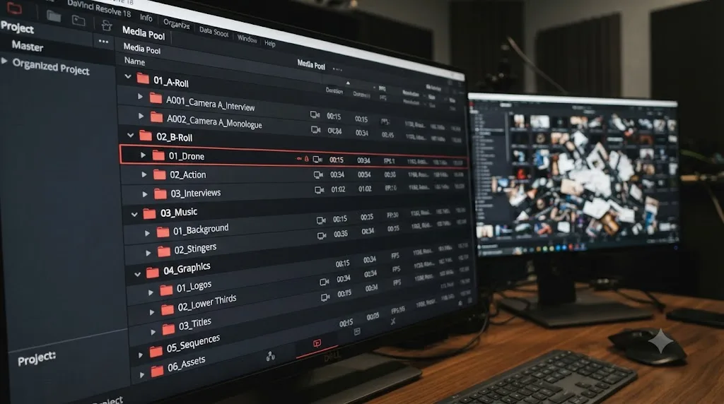 Illustration of an organized DaVinci Resolve Media Pool with labeled bins contrasted against an unsorted media pool