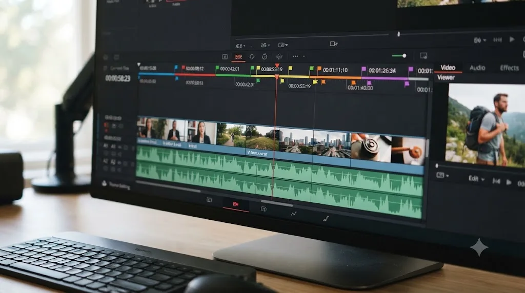 Illustration of a DaVinci Resolve timeline with a rough string-out of clips and color-coded markers above them