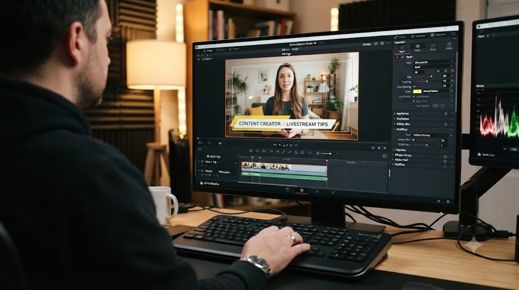 Illustration of an animated lower-third title being built in DaVinci Resolve's Text+ tool with Title Safe guide lines visible