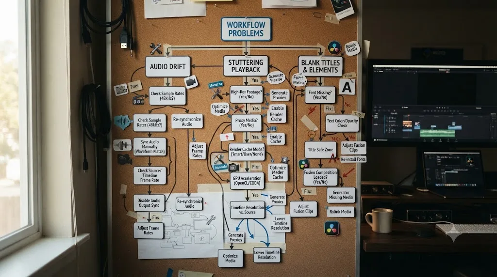 Illustration of a troubleshooting flowchart showing common DaVinci Resolve workflow problems branching to their specific fixes