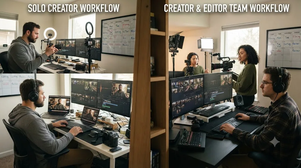 Illustration comparing a solo creator's weekly editing schedule against a two-person creator and editor workflow