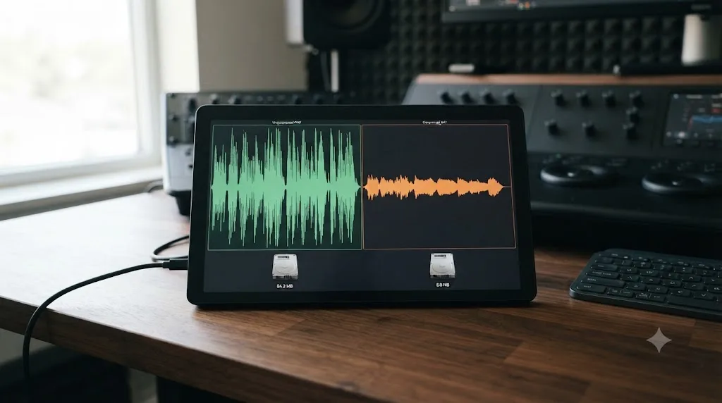Illustration comparing uncompressed PCM audio and compressed AAC audio file size for the same stereo track