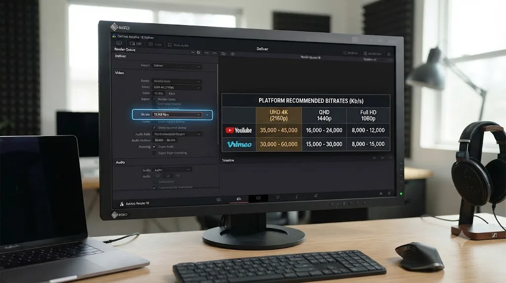 Illustration of a DaVinci Resolve bitrate input field next to a table of platform recommended bitrates