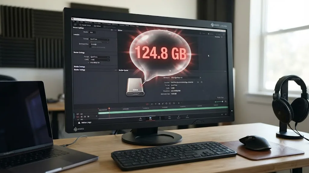Illustration of a DaVinci Resolve Deliver page with a file size readout ballooning past a storage drive icon