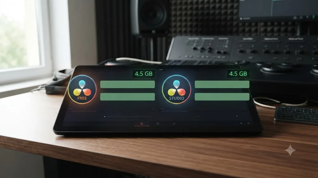 Illustration comparing DaVinci Resolve free and Studio editions producing identical file sizes at matched export settings