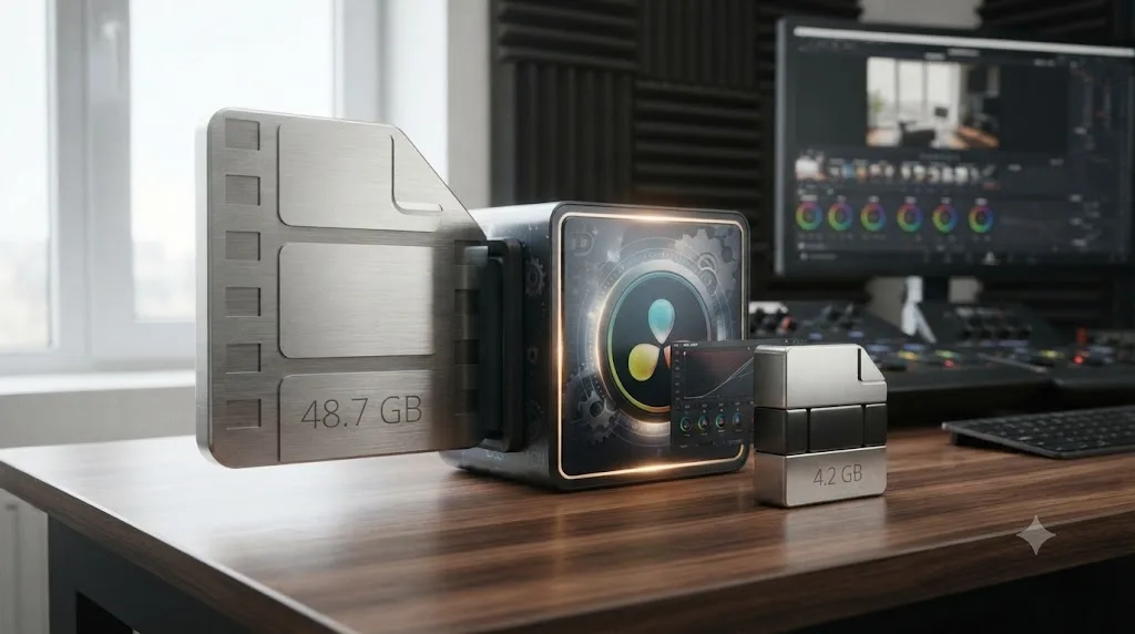 Illustration of an oversized finished video file being re-encoded into a smaller delivery-ready file