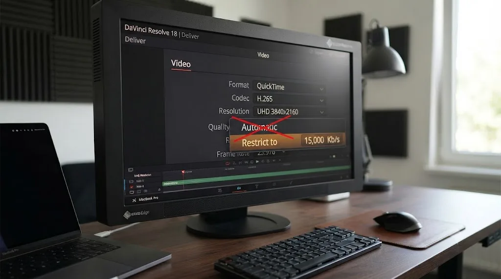 Illustration of the DaVinci Resolve Quality dropdown with Restrict to highlighted over Automatic