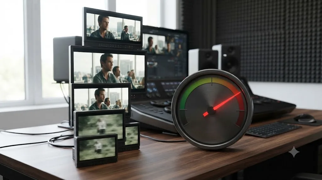 Illustration of video frames at increasing resolution and frame rate next to a steeply rising file size gauge