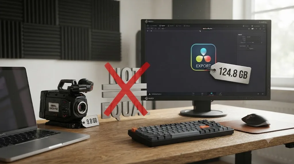 Illustration contrasting a small camera source file size with a much larger DaVinci Resolve export file size