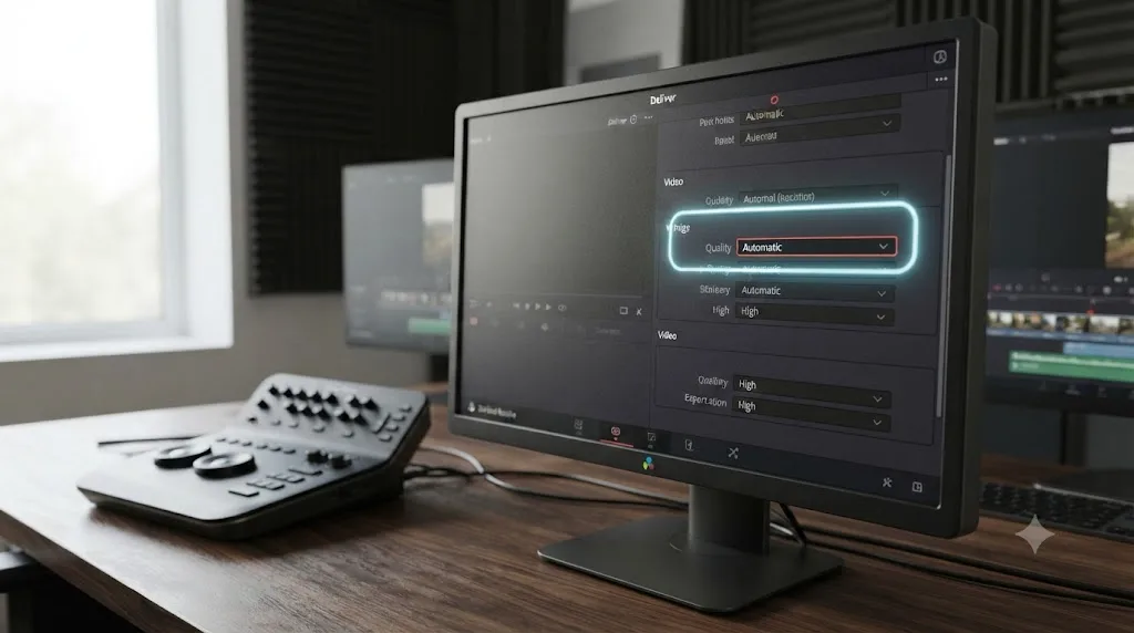 Illustration of an on-screen assistant drawing a glowing outline around the Quality dropdown on the DaVinci Resolve Deliver page