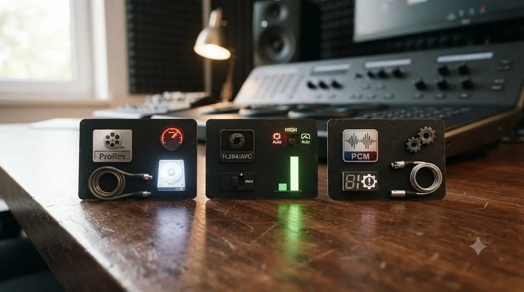 Illustration of three worked diagnostic examples for oversized DaVinci Resolve exports, each showing its identified cause