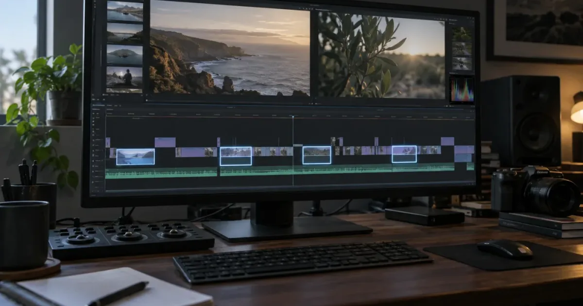Illustration of selected video clips being separated from a longer DaVinci Resolve timeline for export