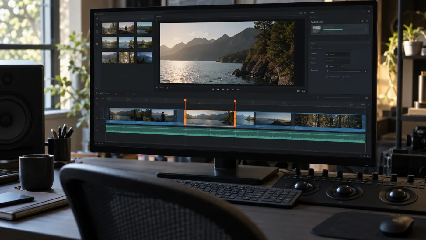 Illustration of an orange render range around one selected DaVinci Resolve clip