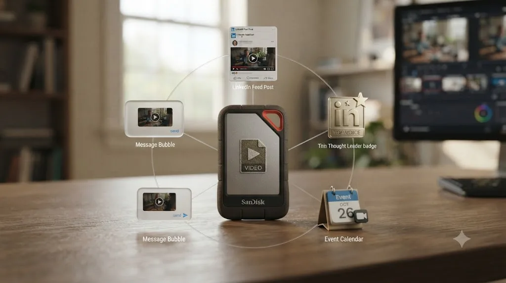 Illustration of four LinkedIn ad format icons arranged around a video file, showing which formats accept a direct video upload