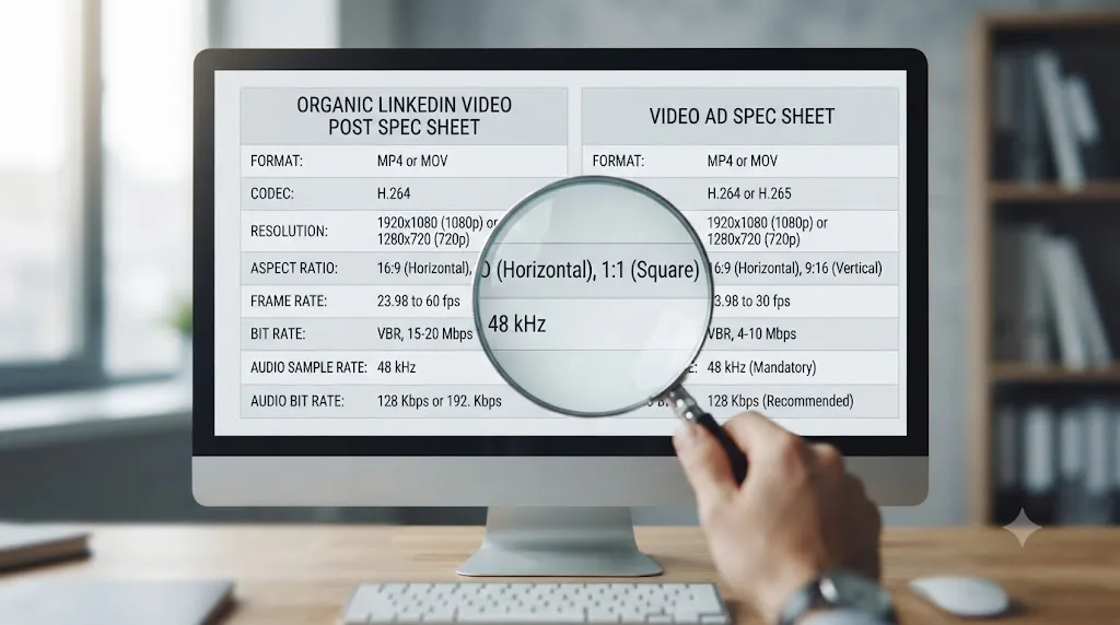 Illustration of a comparison between LinkedIn organic video specs and LinkedIn video ad specs, highlighting aspect ratio and audio sample rate differences