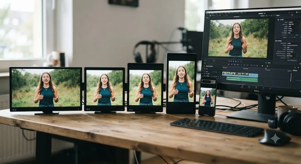 Illustration of four video frame shapes, widescreen, square, and two vertical ratios, arranged beside a phone and a desktop monitor