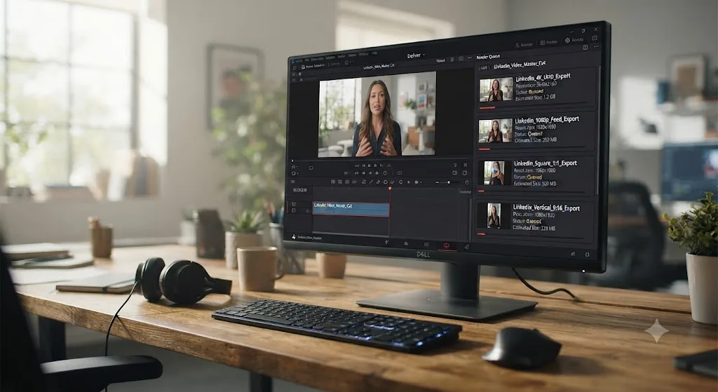 Illustration of a DaVinci Resolve render queue with four stacked jobs at different resolutions queued from a single timeline