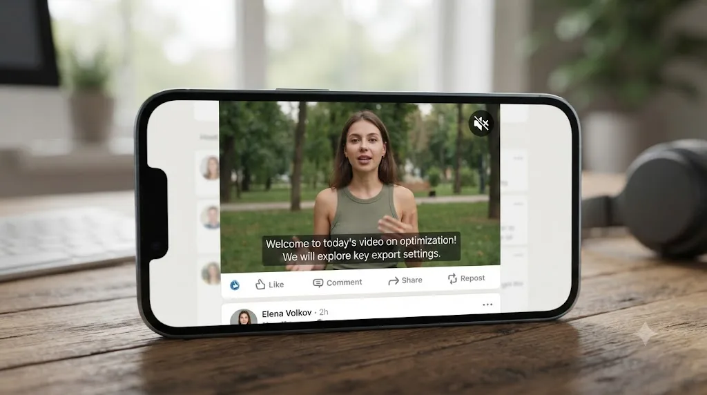 Illustration of a LinkedIn feed video playing muted with an on-screen caption bar and a crossed-out sound icon