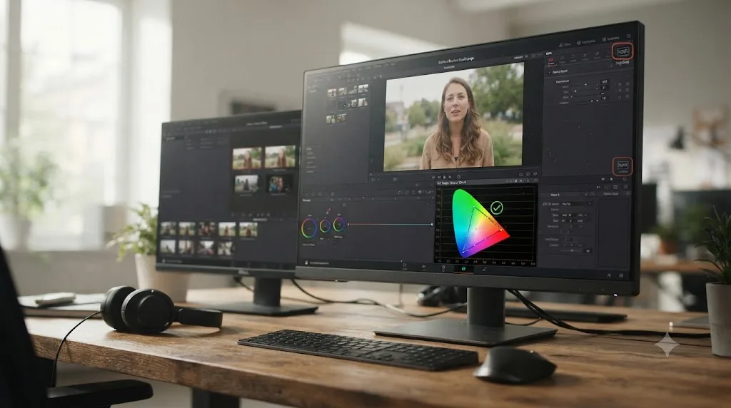 Illustration of a DaVinci Resolve color page gamut scope check next to a grayed-out HDR icon, representing standard dynamic range delivery for LinkedIn