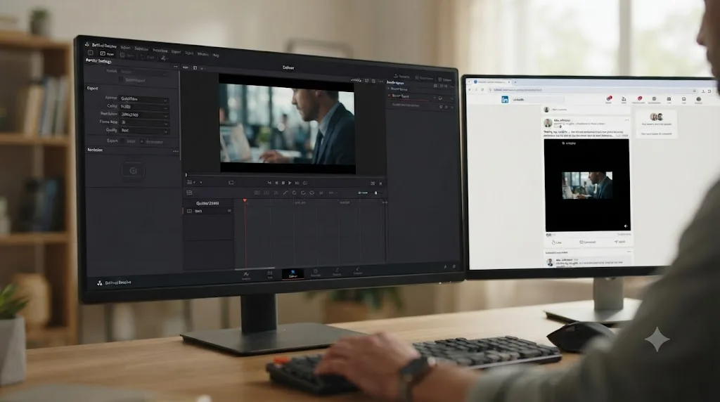 Illustration of a DaVinci Resolve Deliver page positioned beside a LinkedIn feed showing a video post