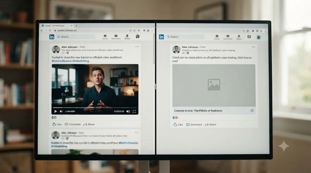 Illustration comparing a native LinkedIn video playing in-feed against a shared link card that redirects off the platform