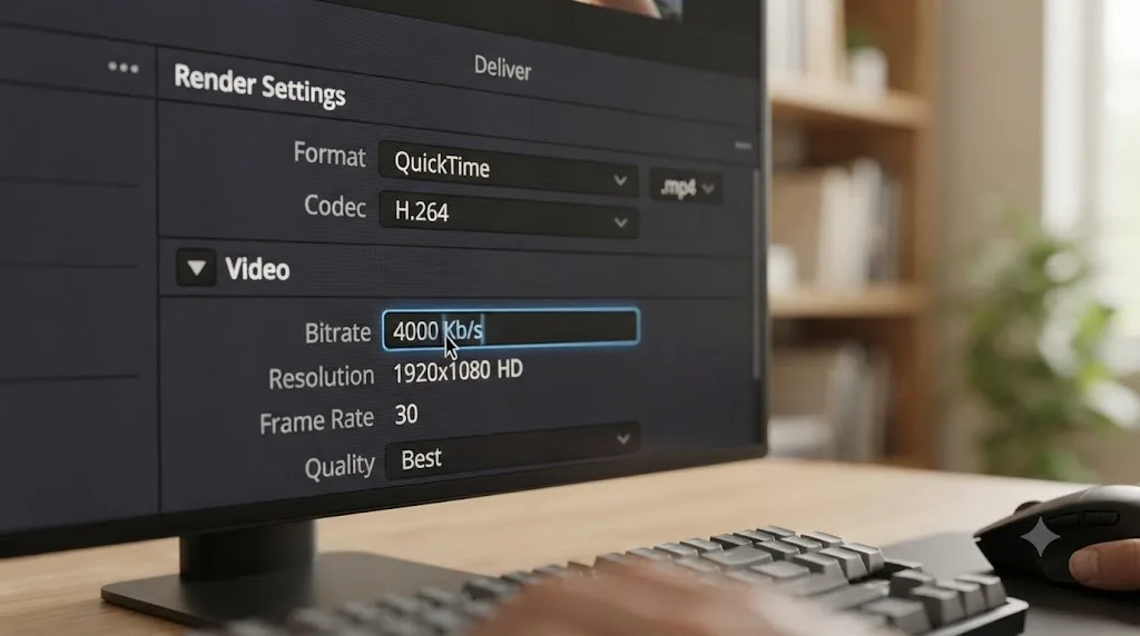 Illustration of the DaVinci Resolve Render Settings panel with MP4, H.264 and a restricted bitrate field highlighted