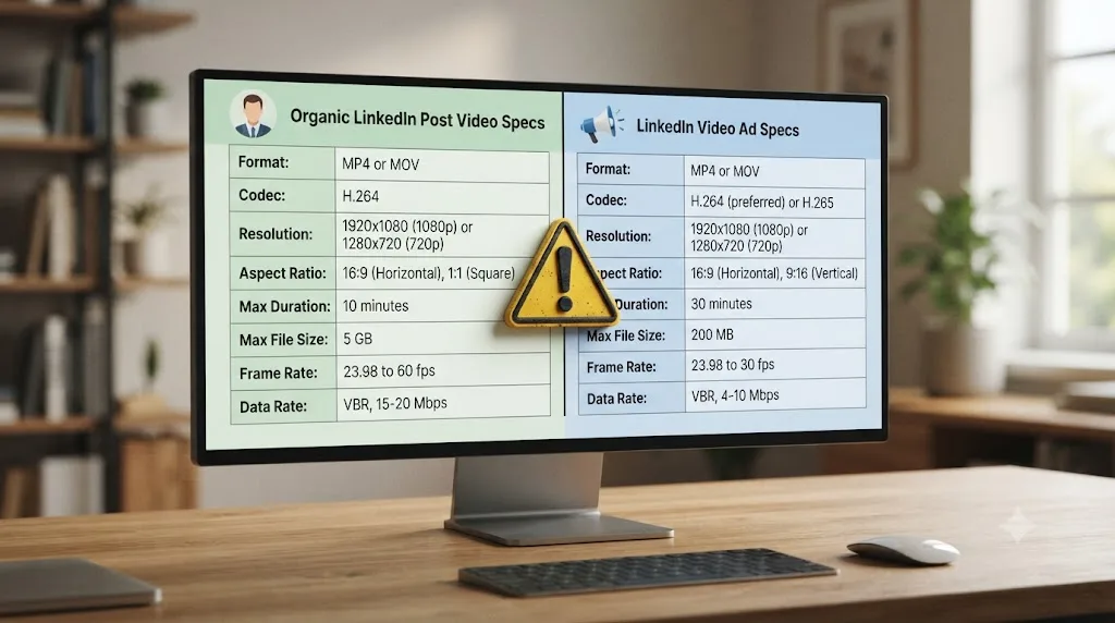 Illustration of a split spec table comparing LinkedIn organic post video specs with LinkedIn video ad specs