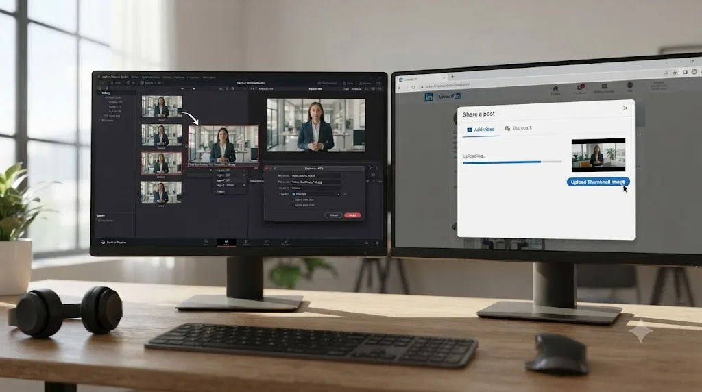 Illustration of a DaVinci Resolve still frame being exported as a JPEG thumbnail next to a LinkedIn video upload dialog