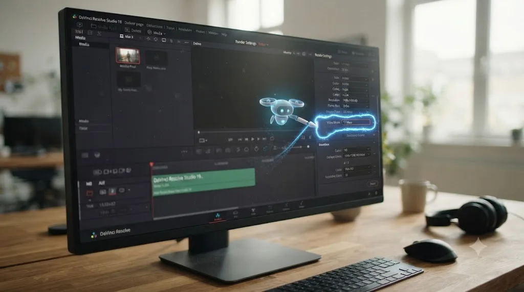 Illustration of an on-screen assistant drawing a glowing outline around the bitrate field on the DaVinci Resolve Deliver page