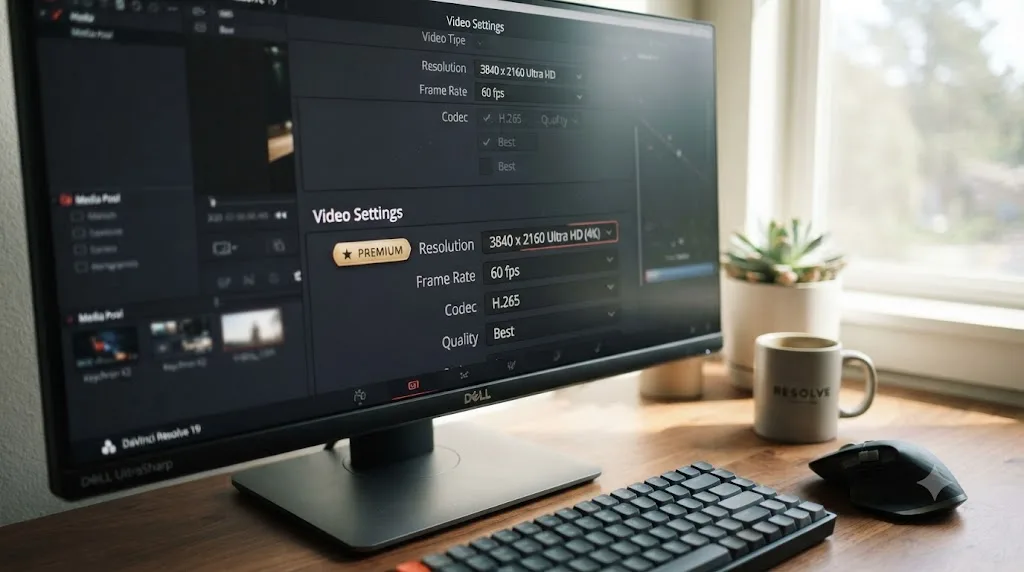 Illustration of a Premium subscriber badge beside a 4K resolution label on a DaVinci Resolve export dialog