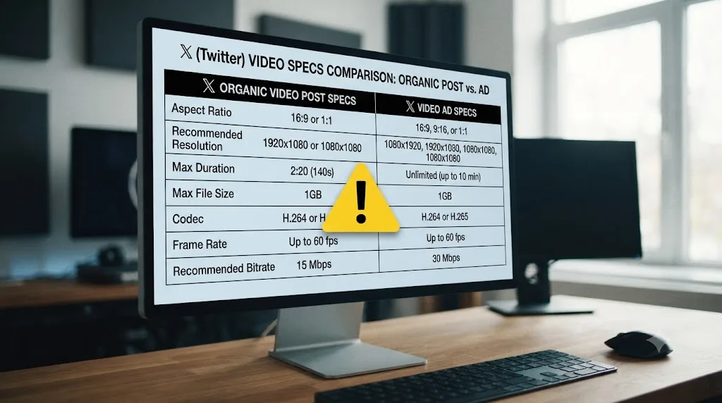 Illustration of a split spec table comparing X organic video post specs with X video ad specs