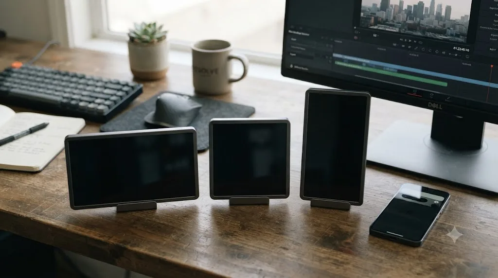 Illustration of three video frame shapes, widescreen, square, and vertical, arranged beside a phone and a desktop monitor