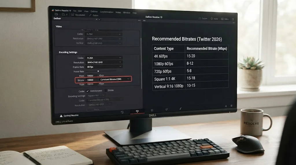 Illustration of a DaVinci Resolve bitrate input field next to a table of recommended bitrates by content type