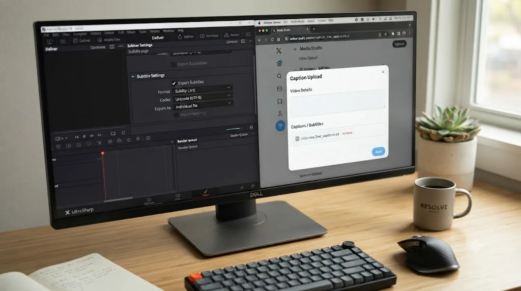 Illustration of a DaVinci Resolve subtitle export dialog beside an X caption upload screen with a single SRT file attached