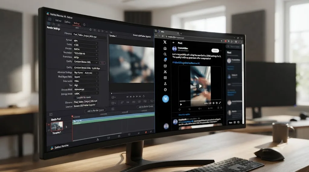 Illustration of a DaVinci Resolve Deliver page positioned beside an X post showing a video preview