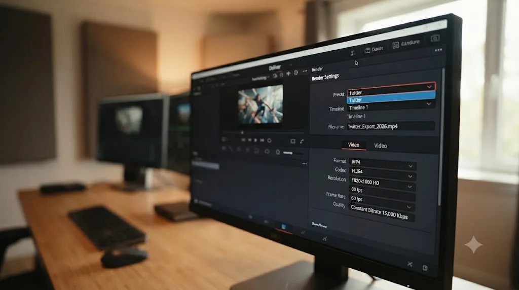 Illustration of the DaVinci Resolve Render Settings panel with the Twitter preset selected