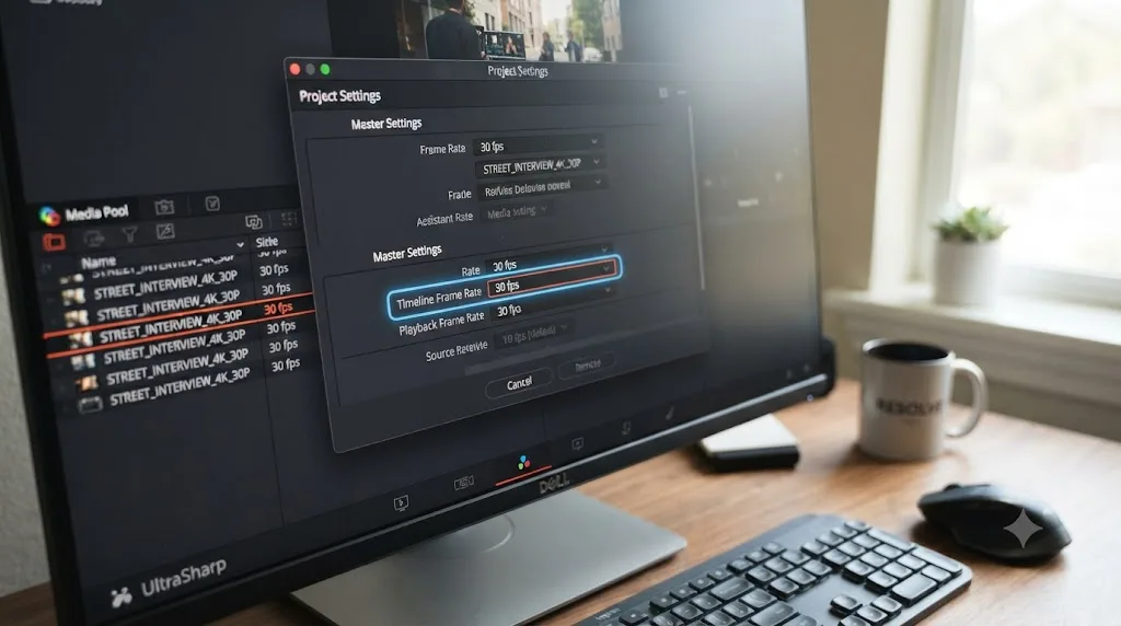 Illustration of a DaVinci Resolve project settings panel showing frame rate options with a source clip's native rate highlighted