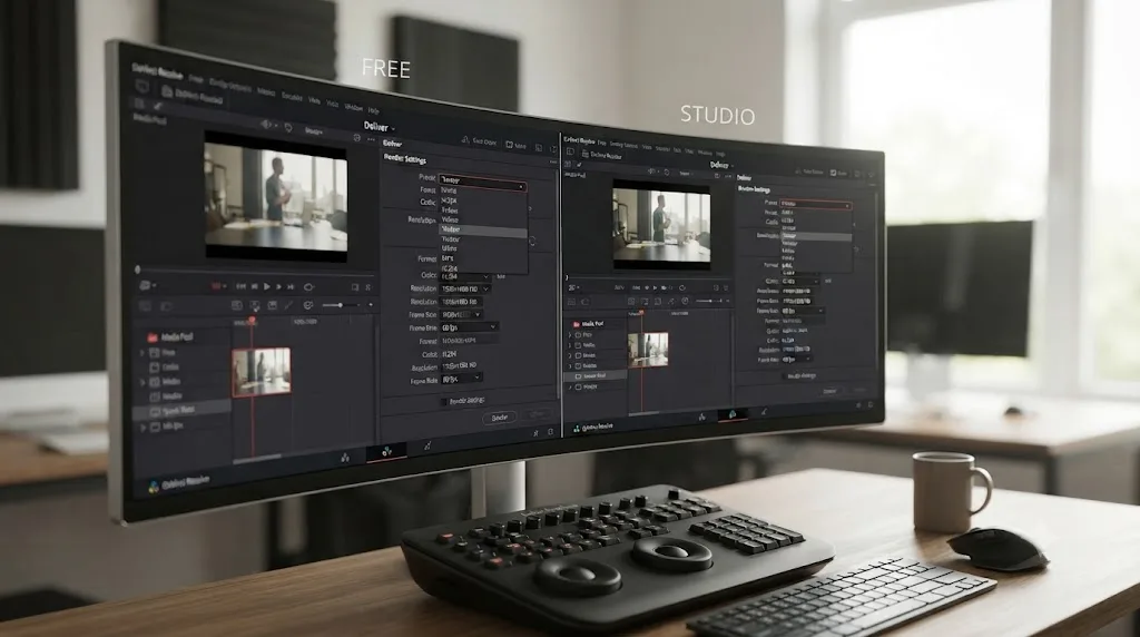 Illustration of DaVinci Resolve's free and Studio versions side by side with the same export preset selected in both