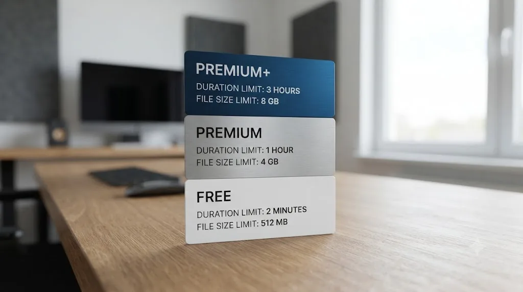 Illustration of three account tier cards showing free, Premium, and Premium plus upload limits for X