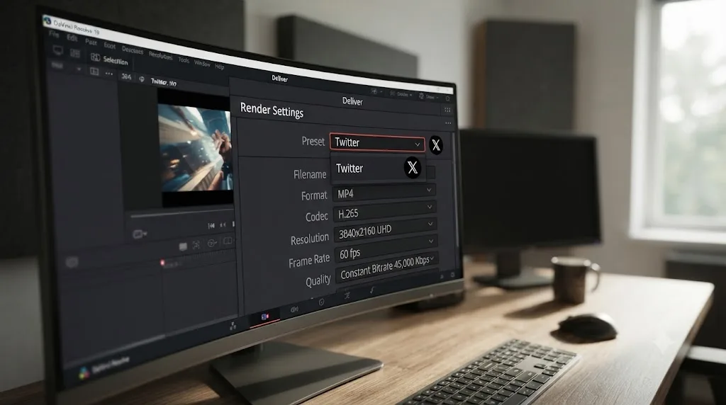 Illustration of a DaVinci Resolve preset dropdown showing a preset still labeled Twitter beside the current X logo