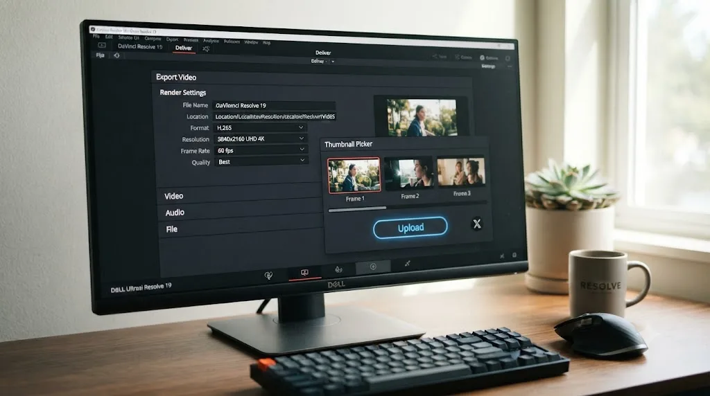 Illustration of an X Media Studio library screen with a thumbnail picker showing frame options and an upload button