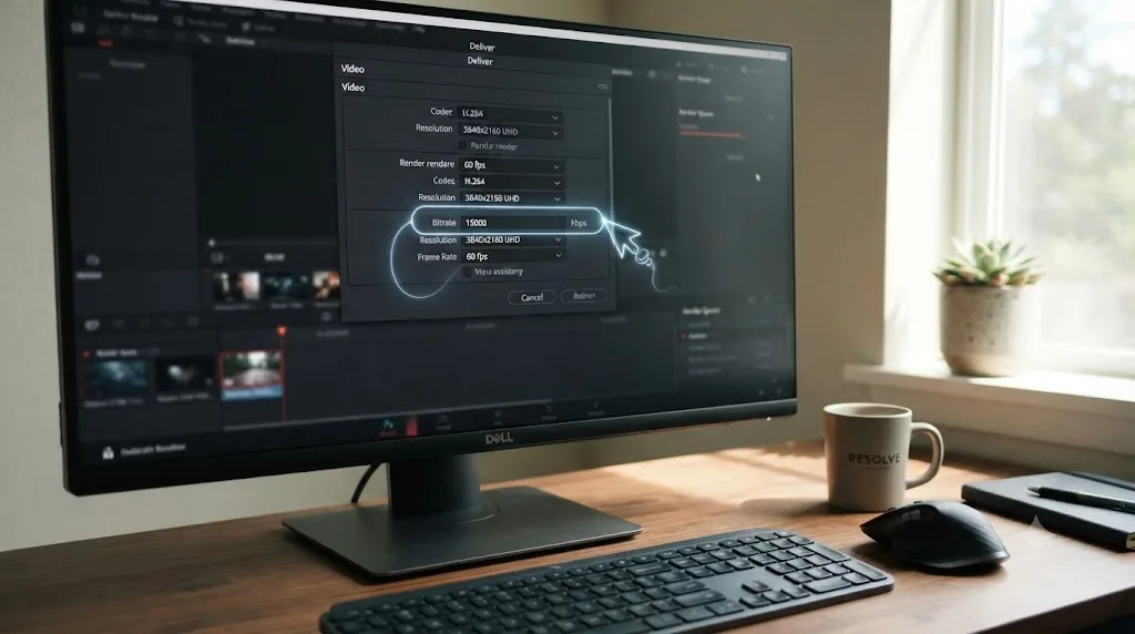 Illustration of an on-screen assistant drawing a glowing outline around the bitrate field on the DaVinci Resolve Deliver page