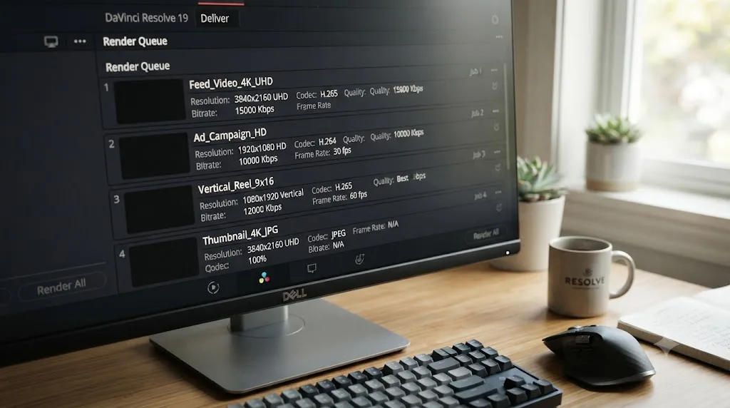 Illustration of four DaVinci Resolve render queue entries labeled feed, ad, vertical, and thumbnail with different export settings visible