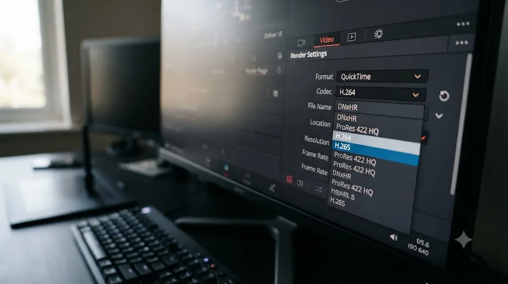 Illustration of the codec selection dropdown in DaVinci Resolve's Deliver page