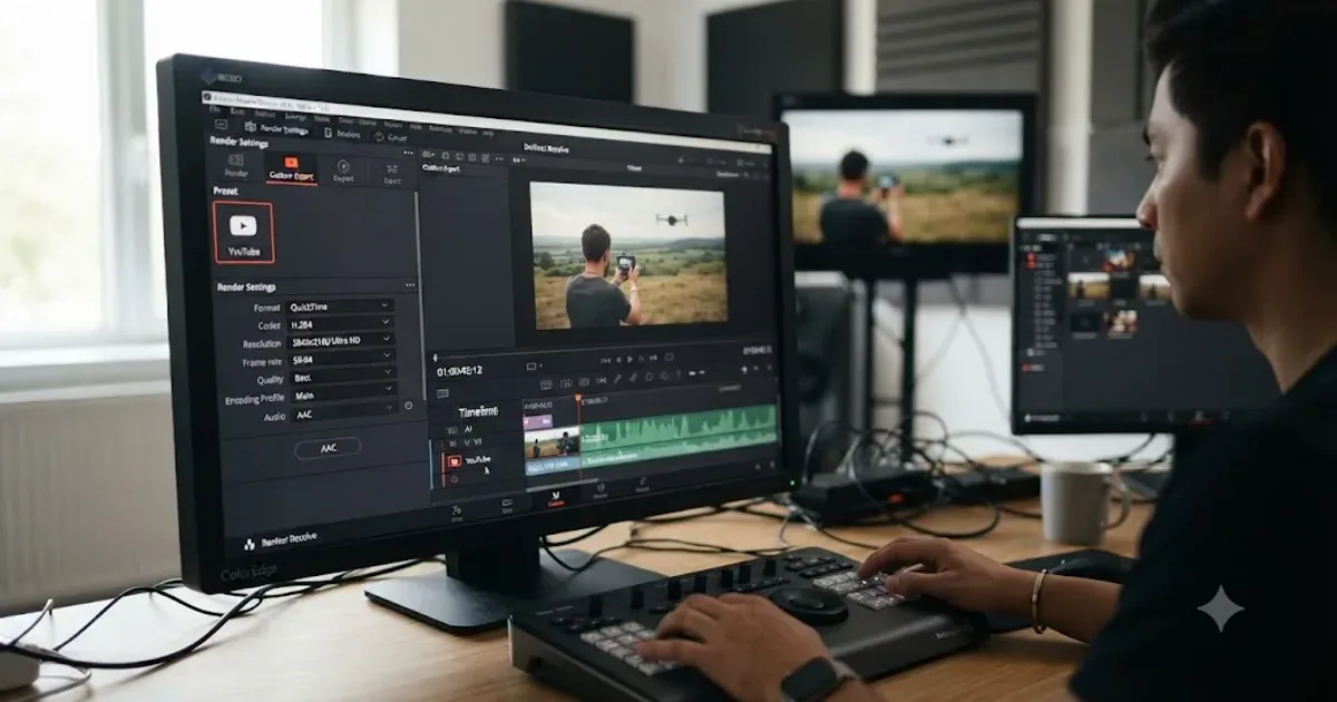 Illustration of the DaVinci Resolve Deliver page with the YouTube preset selected