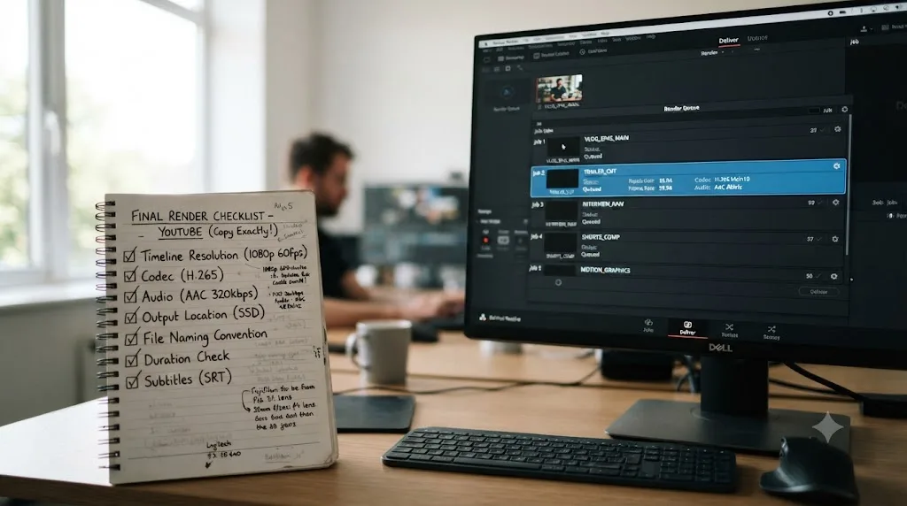 Illustration of a pre-render checklist next to a render queue