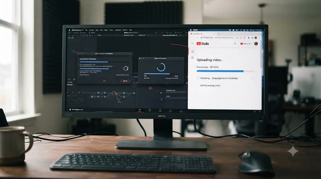 Illustration of the three waiting stages of a YouTube export: rendering, uploading and processing