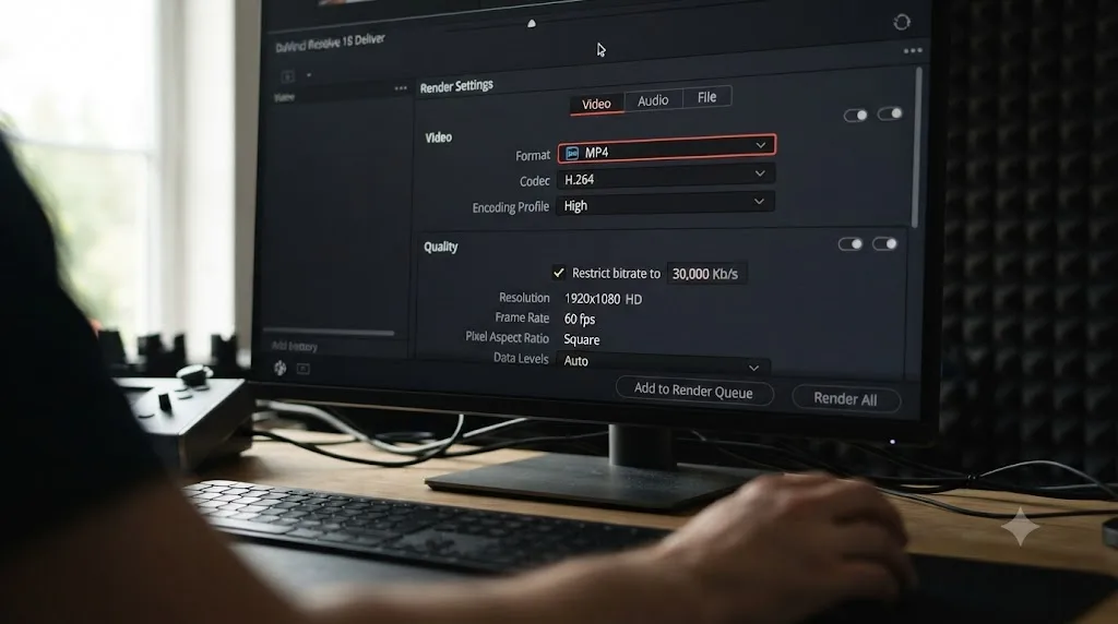 Illustration of DaVinci Resolve render settings with MP4, H.264 and a restricted bitrate