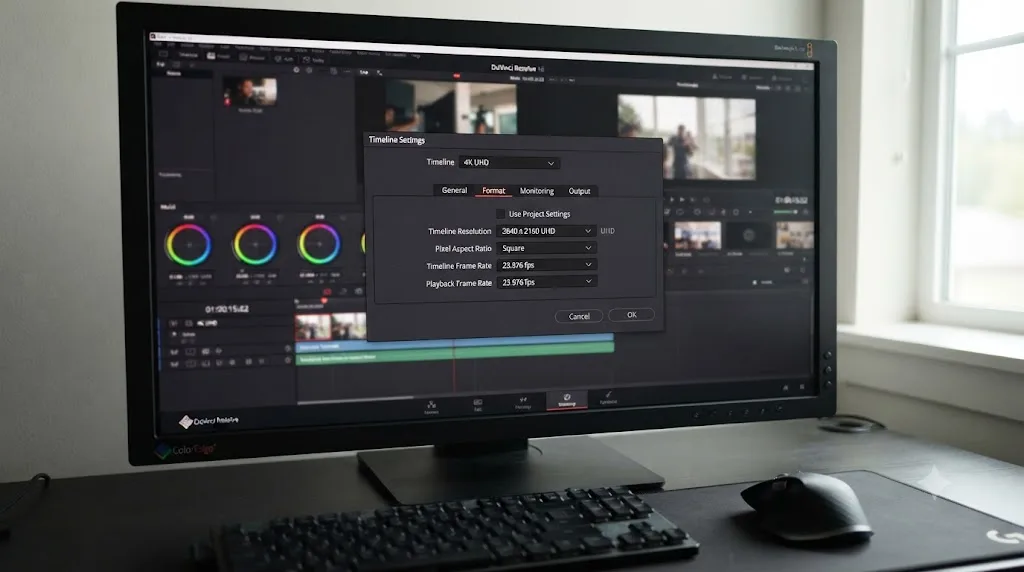 Illustration of DaVinci Resolve timeline settings showing resolution and frame rate