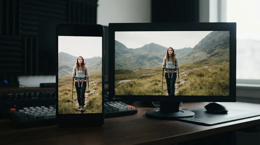 Illustration of a vertical 9:16 video frame beside a 16:9 frame sharing the same export settings